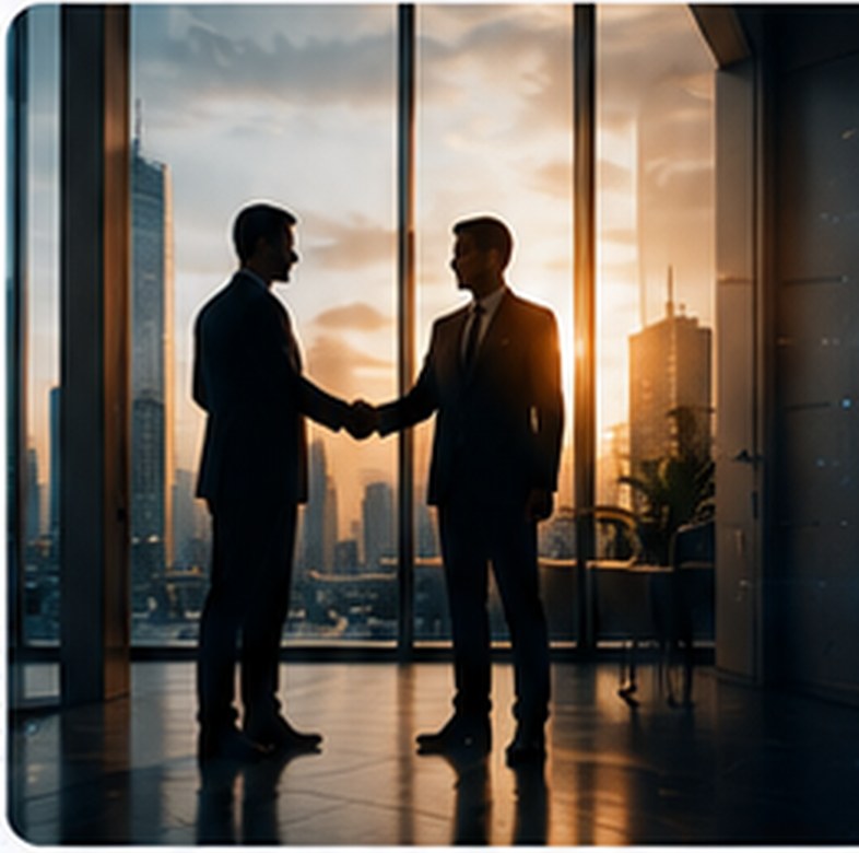 Two business leaders shaking hands in a city office at sunset